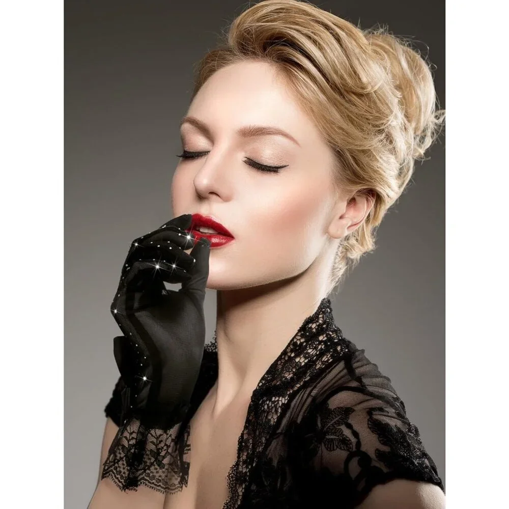 Women's Evening Rhinestones Black Short Lace Bow Gloves Accessories Halloween